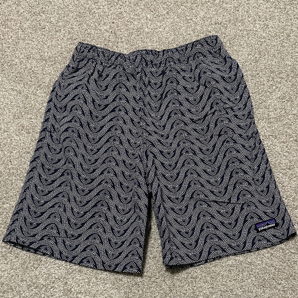Patagonia Navy and White Wave-Pattern Swim Shorts